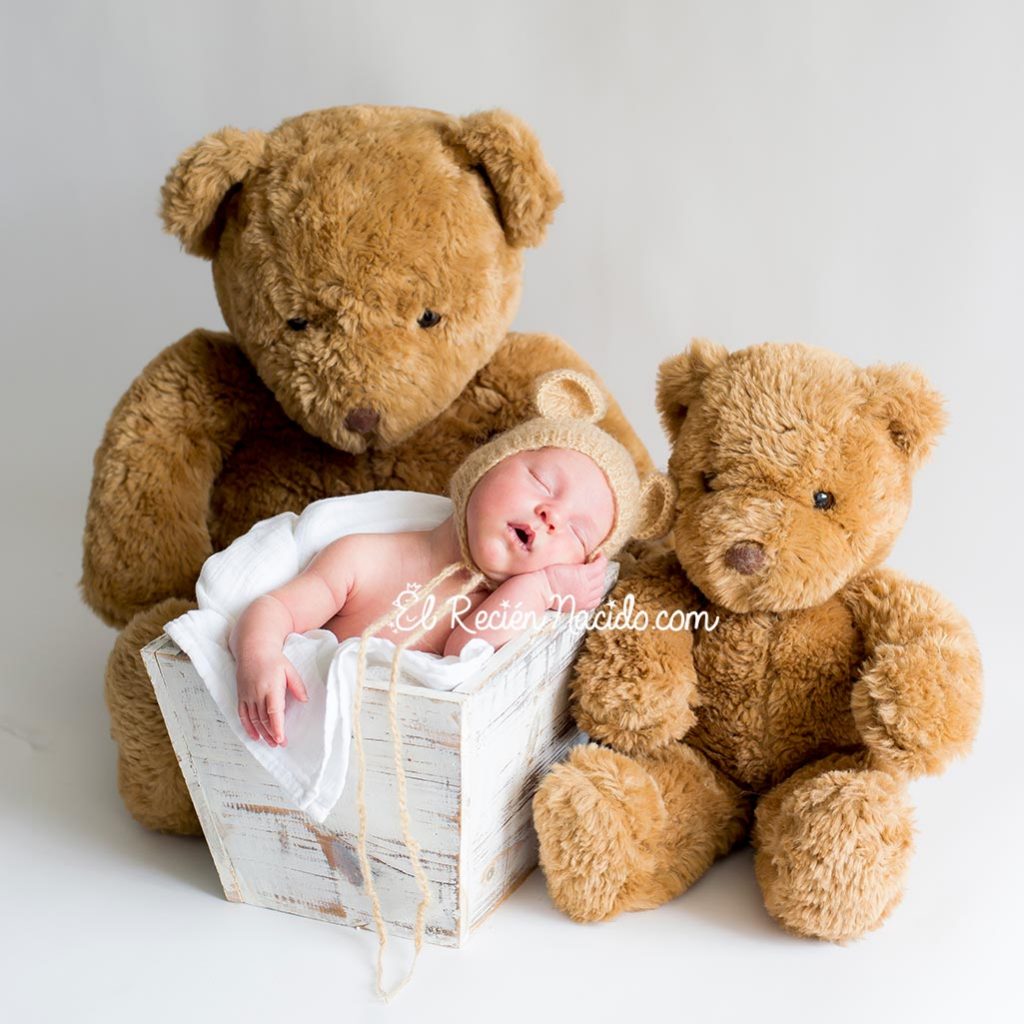 Fotógrafo recién nacidos y bebes en Madrid. Bebé en una cajita acompañado de dos ositos marrones.