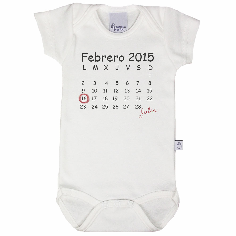 body personalizado con el calendario. Indica fecha de nacimiento 