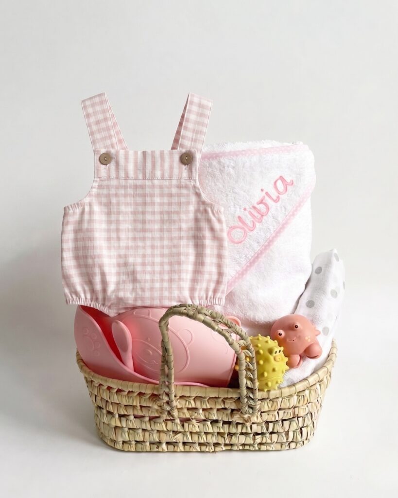 Canastilla de bebé rosa personalizada con nombre, ropa a cuadros y juguetes.