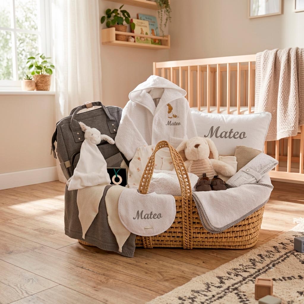 Canastilla personalizada para bebé con manta, peluche y body en una cesta decorativa.