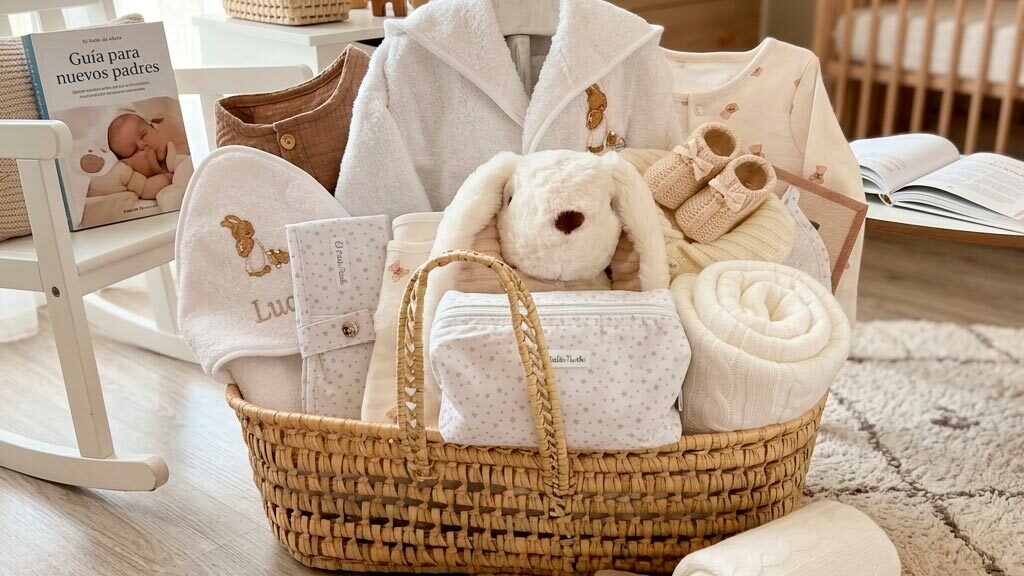 Canastilla para bebé con peluche, manta personalizada y productos de cuidado infantil.