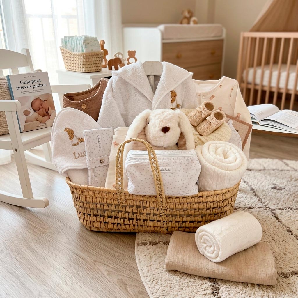 Canastilla para bebé con peluche, manta personalizada y productos de cuidado infantil.