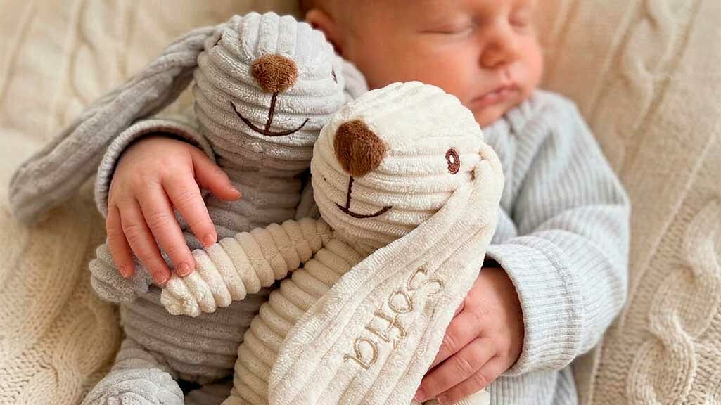 Bebé abrazando dos conejos de peluche personalizados con nombre bordado.