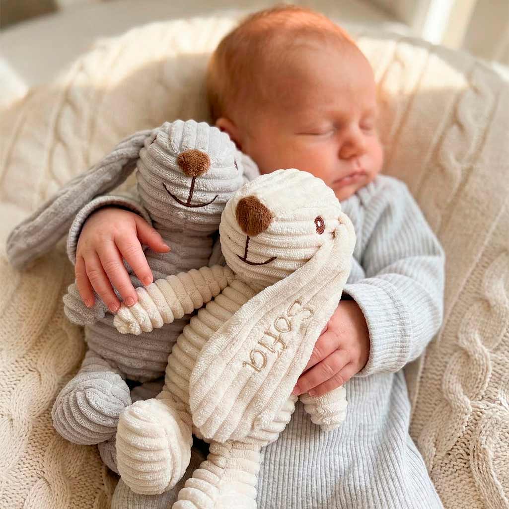Bebé abrazando dos conejos de peluche personalizados con nombre bordado.