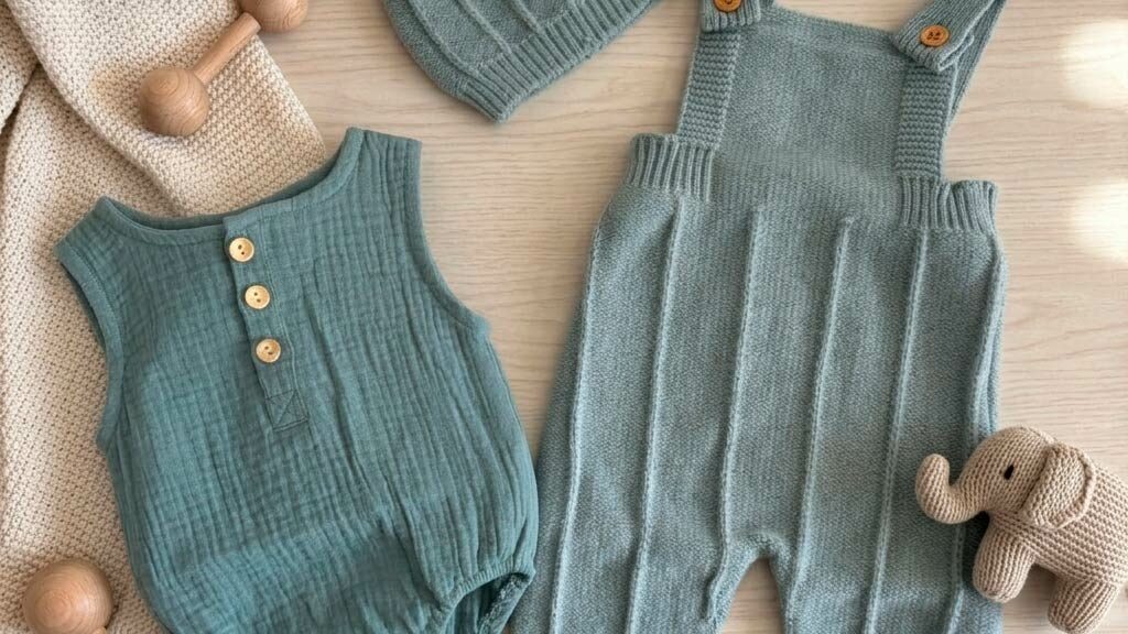 Conjunto de ropa de bebé azul con peto de punto, ranita y gorro personalizable con nombre.