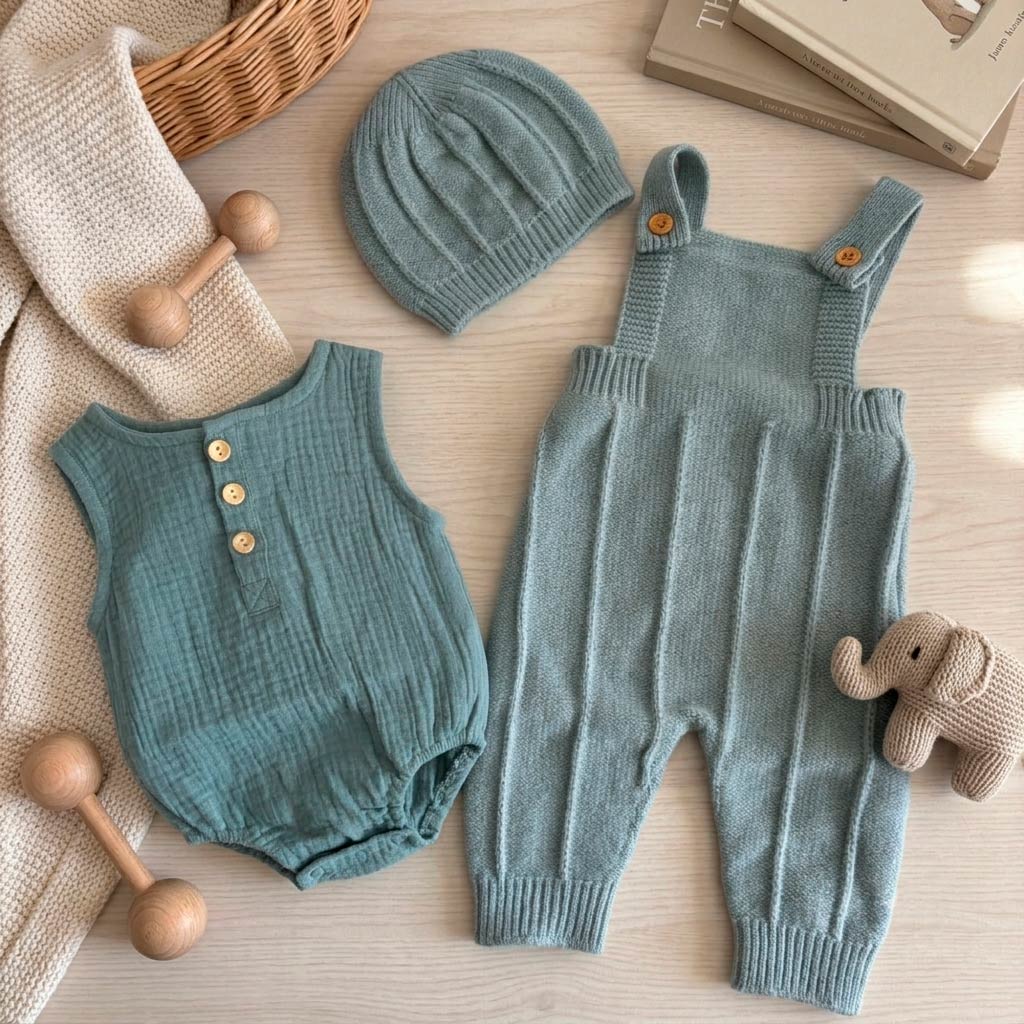 Conjunto de ropa de bebé azul con peto de punto, ranita y gorro personalizable con nombre.