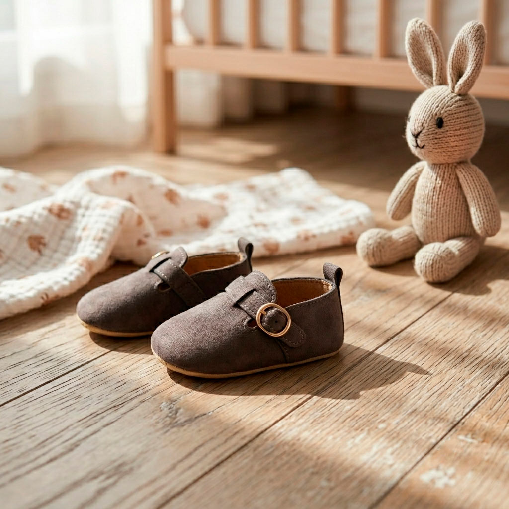 Zapatos grises para bebé con cierre de hebilla y diseño clásico.