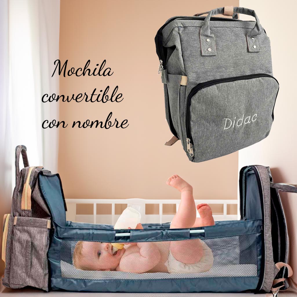 Mochila convertible en cuna para bebé personalizada con nombre bordado.